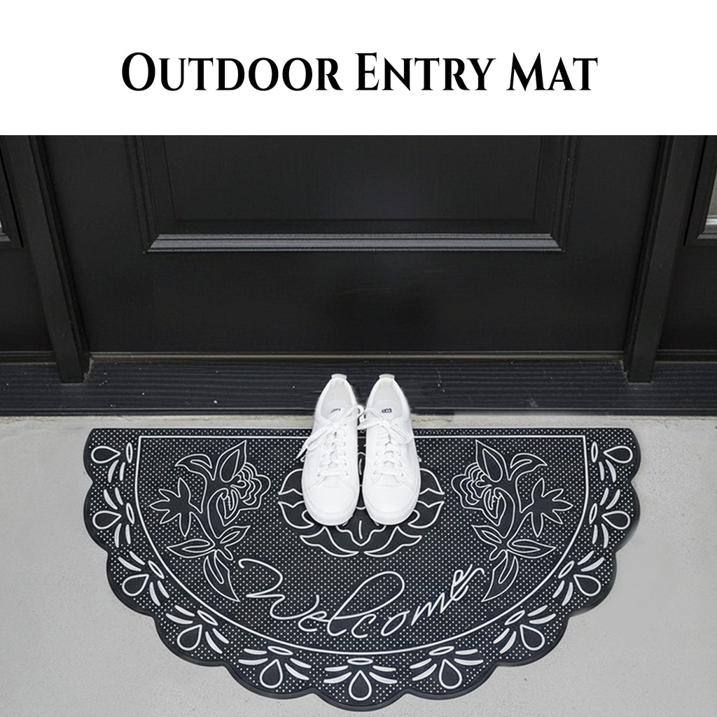 NICJAK Luxury Half-Moon Hand-Painted Silver Decorative Scrolled Rubber Welcome Mat – 16" x 28" Heavy-Duty All-Weather Outdoor Doormat