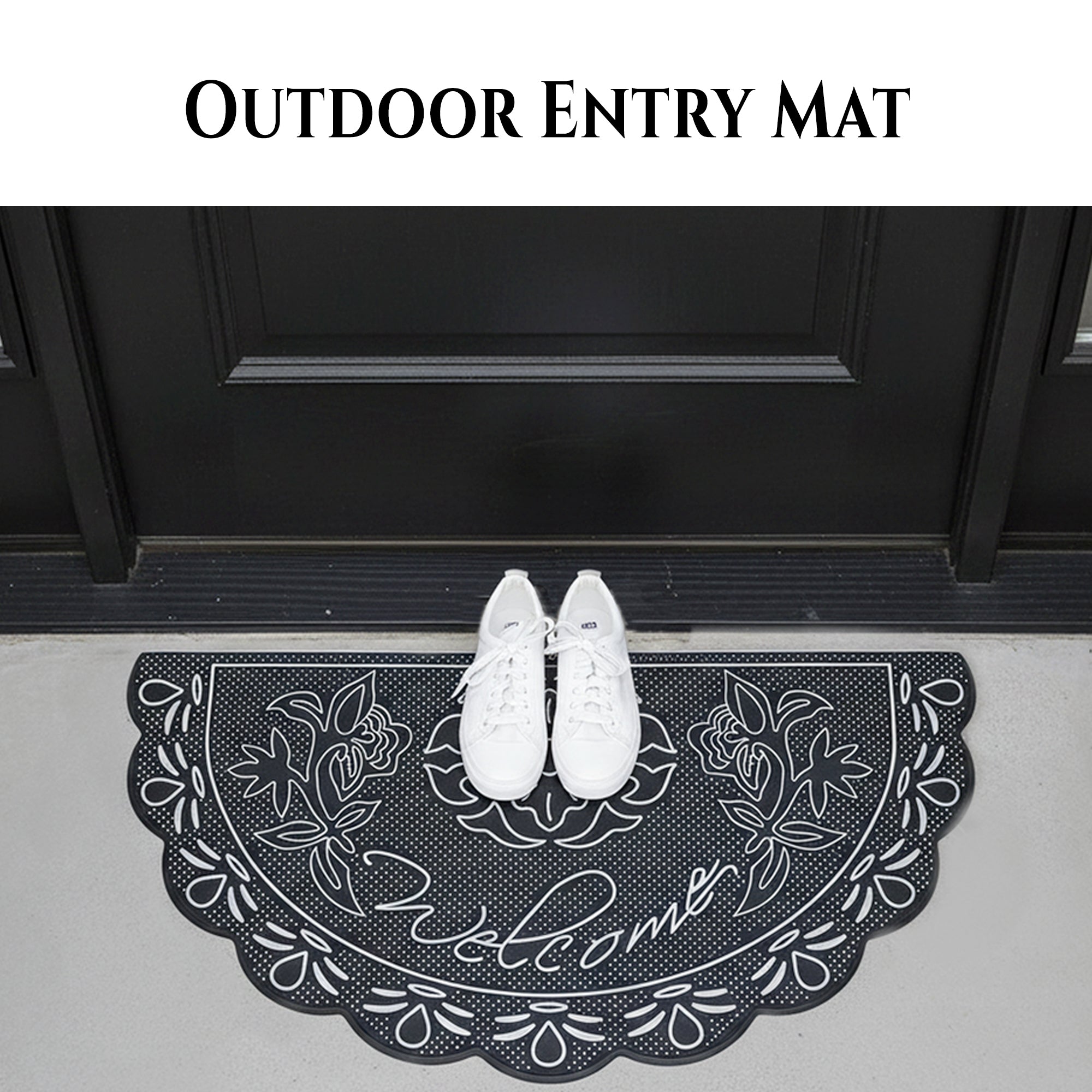 NICJAK Luxury Half-Moon Hand-Painted Silver Decorative Scrolled Rubber Welcome Mat – 16" x 28" Heavy-Duty All-Weather Outdoor Doormat