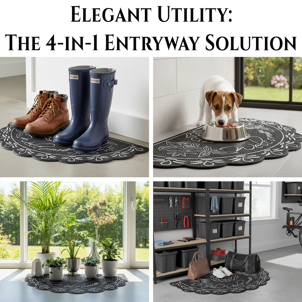 NICJAK Luxury Half-Moon Hand-Painted Silver Decorative Scrolled Rubber Welcome Mat – 16" x 28" Heavy-Duty All-Weather Outdoor Doormat