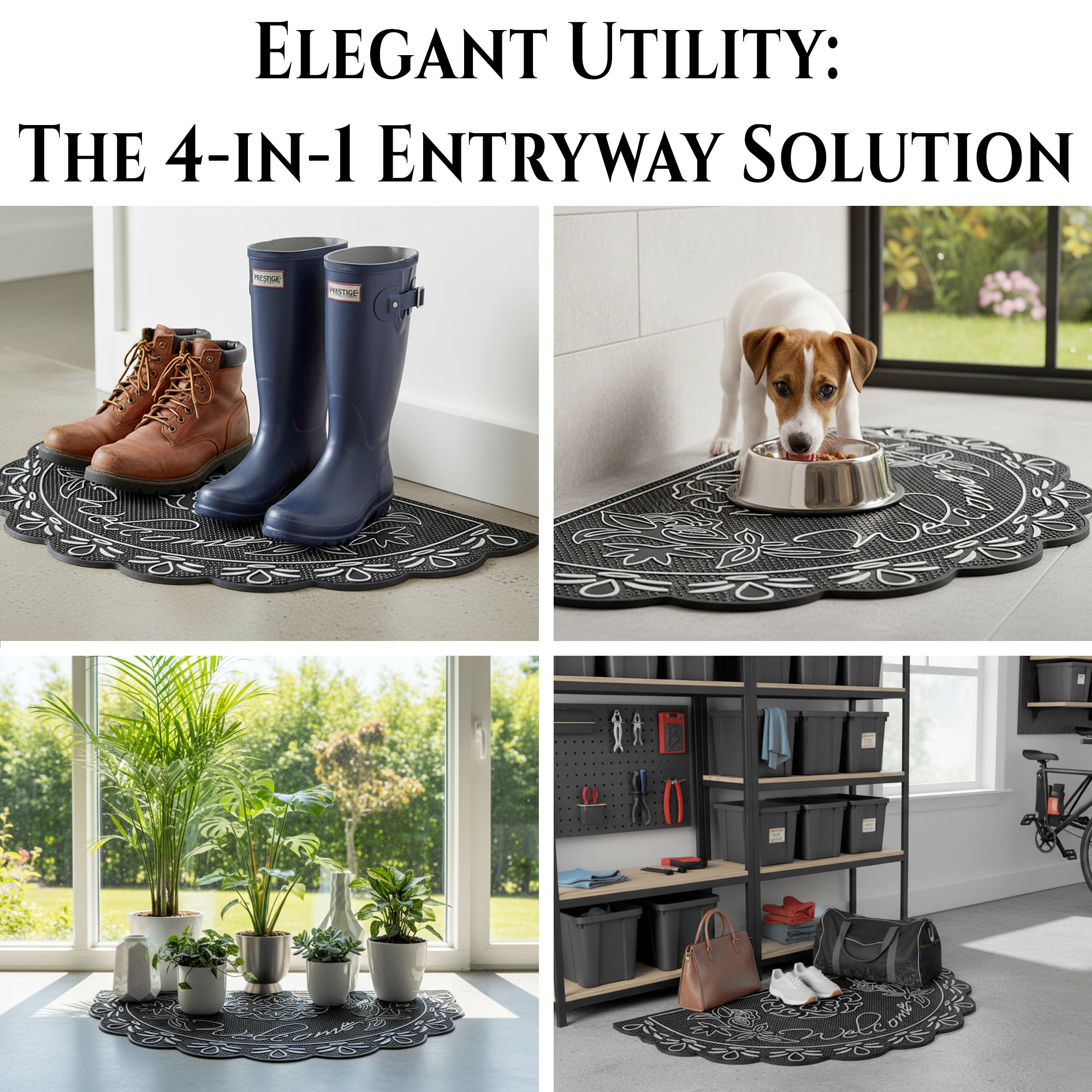 NICJAK Luxury Half-Moon Hand-Painted Silver Decorative Scrolled Rubber Welcome Mat – 16" x 28" Heavy-Duty All-Weather Outdoor Doormat