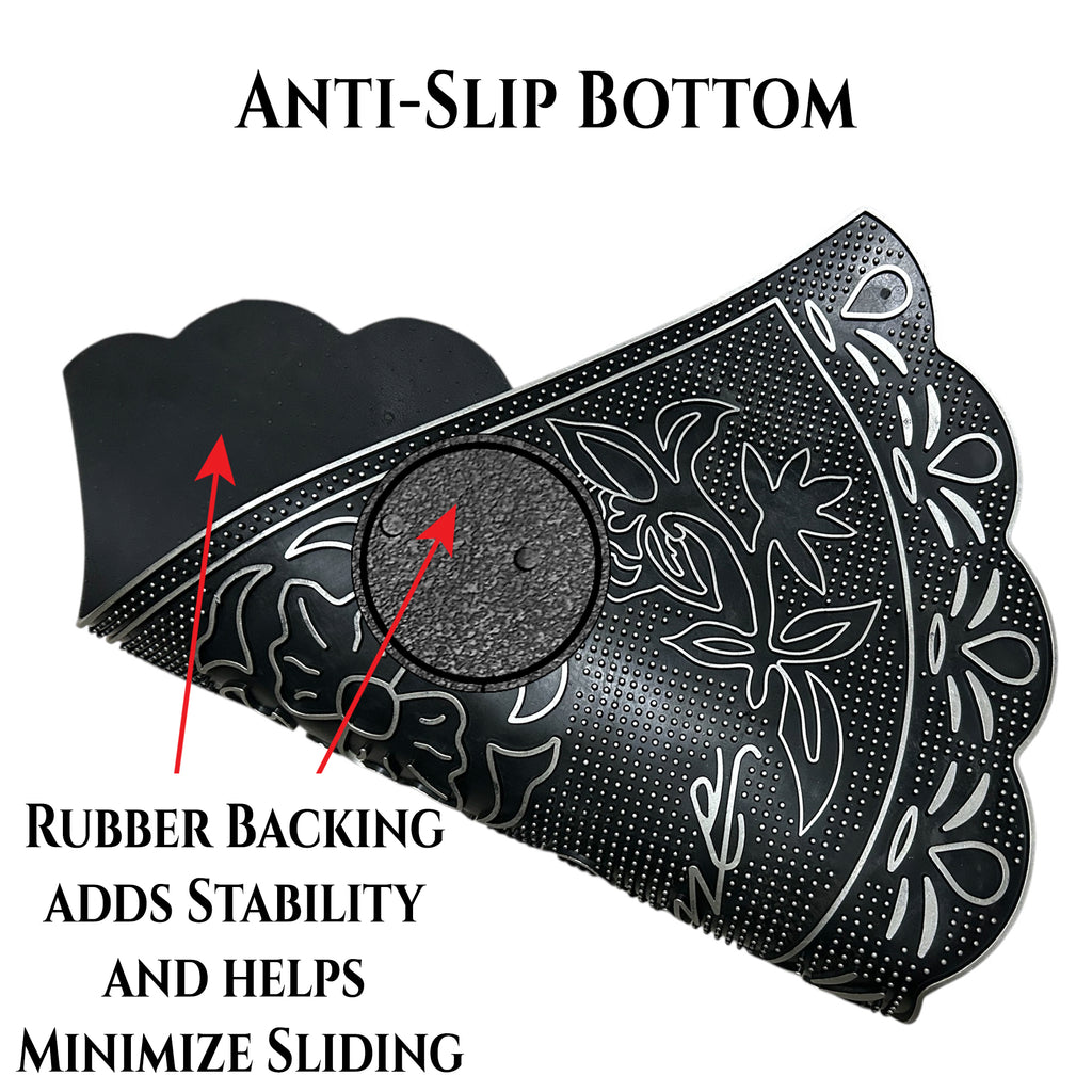 NICJAK Luxury Half-Moon Hand-Painted Silver Decorative Scrolled Rubber Welcome Mat – 16" x 28" Heavy-Duty All-Weather Outdoor Doormat