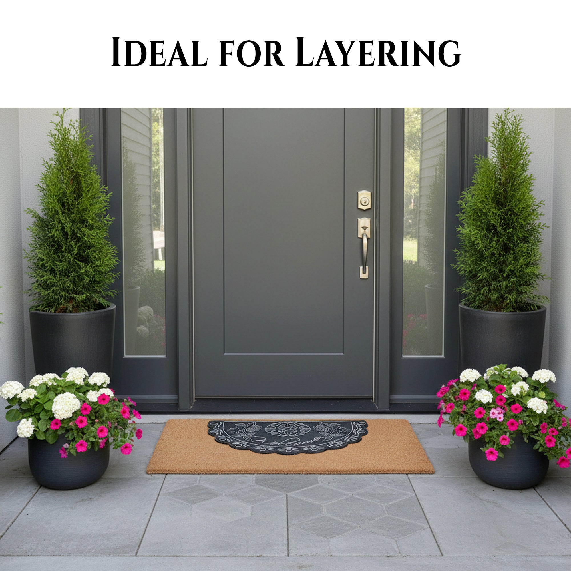 NICJAK Luxury Half-Moon Hand-Painted Silver Decorative Scrolled Rubber Welcome Mat – 16" x 28" Heavy-Duty All-Weather Outdoor Doormat