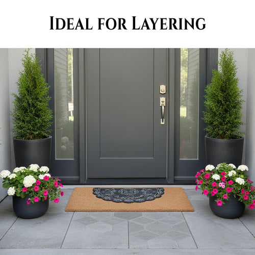 NICJAK Luxury Half-Moon Hand-Painted Silver Decorative Scrolled Rubber Welcome Mat – 16" x 28" Heavy-Duty All-Weather Outdoor Doormat