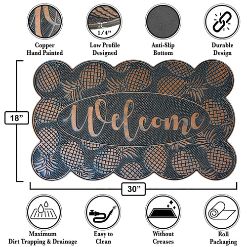 NICJAK Scalloped Rubber Welcome Mat - 18x30 Pineapple Decorative Doormat, Heavy Duty Outdoor Entry Mat, Antique Copper Finish, Non-Slip & Easy Clean