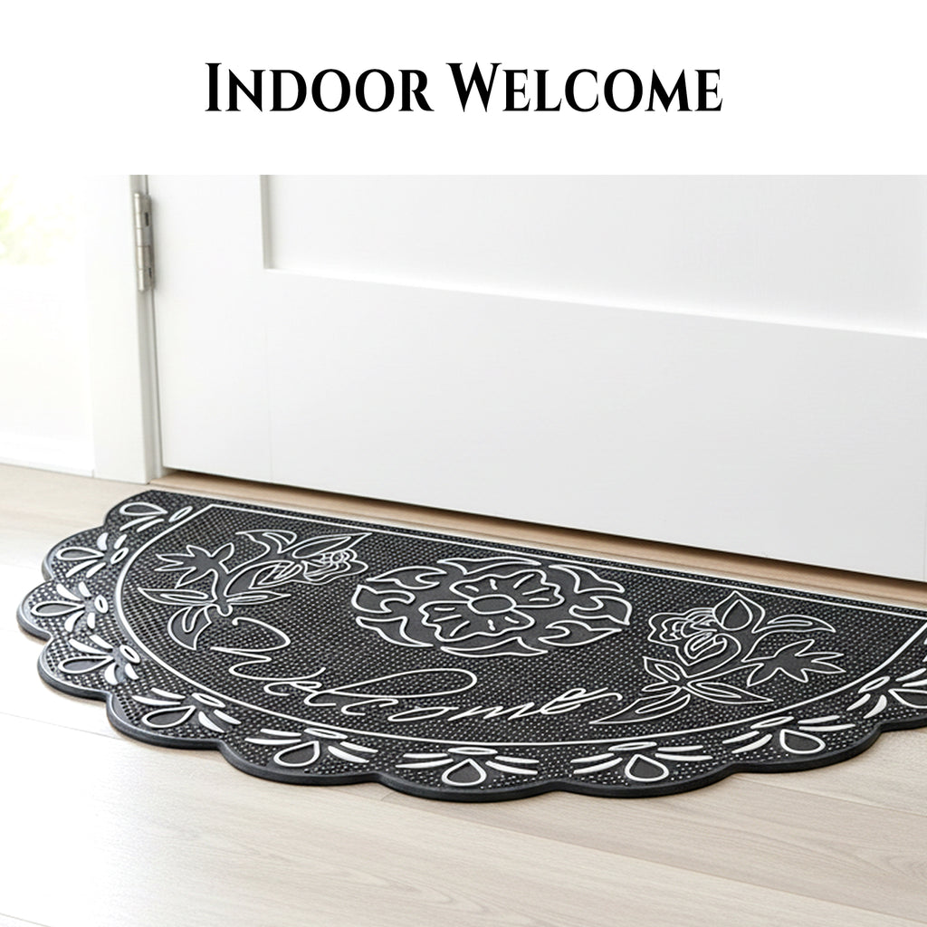 NICJAK Luxury Half-Moon Hand-Painted Silver Decorative Scrolled Rubber Welcome Mat – 16" x 28" Heavy-Duty All-Weather Outdoor Doormat