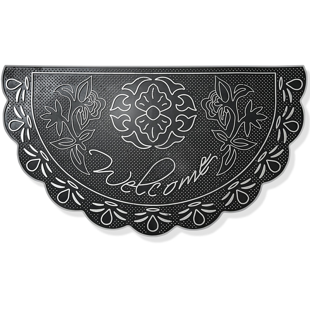 NICJAK Luxury Half-Moon Hand-Painted Silver Decorative Scrolled Rubber Welcome Mat – 16" x 28" Heavy-Duty All-Weather Outdoor Doormat