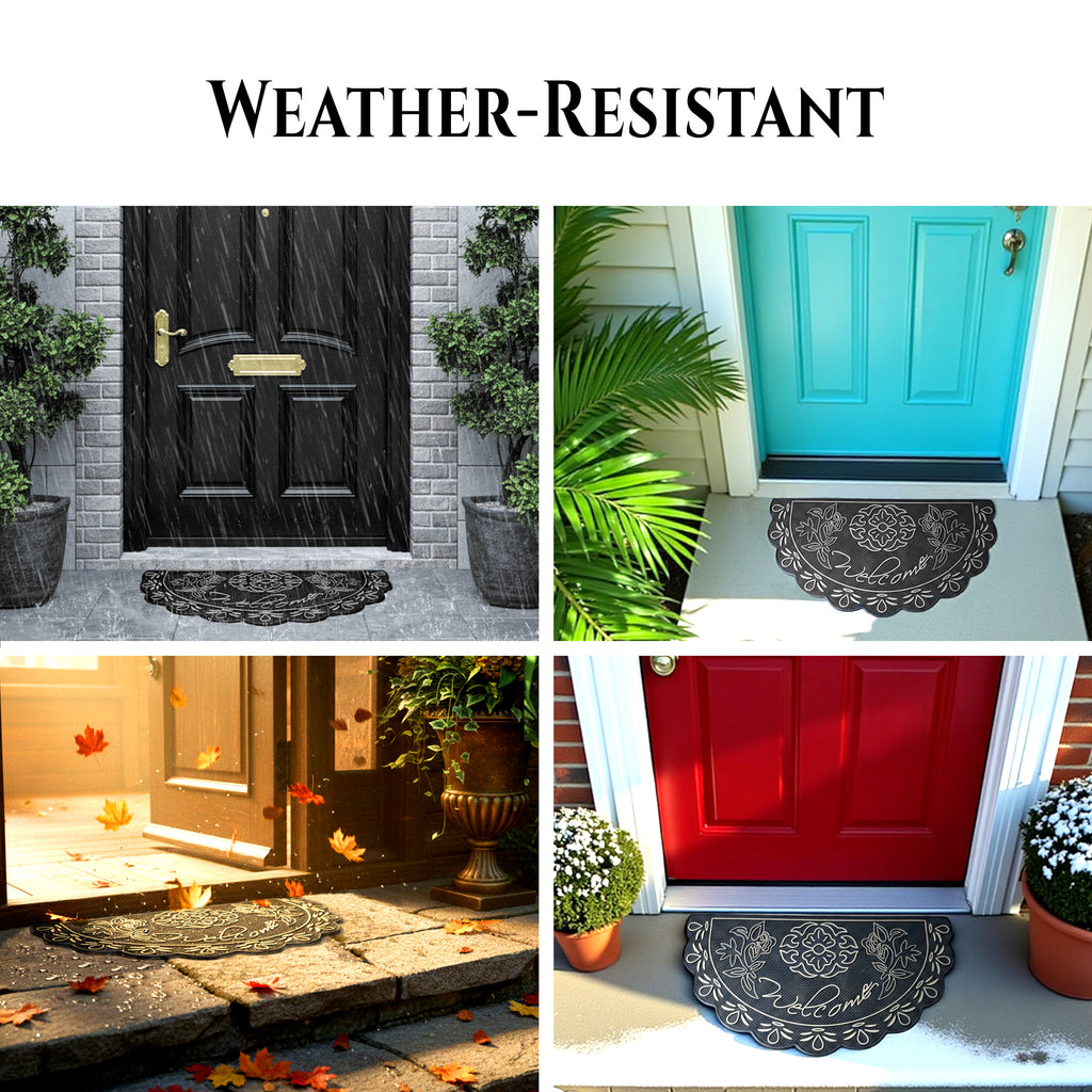 NICJAK Luxury Half-Moon Hand-Painted Silver Decorative Scrolled Rubber Welcome Mat – 16" x 28" Heavy-Duty All-Weather Outdoor Doormat