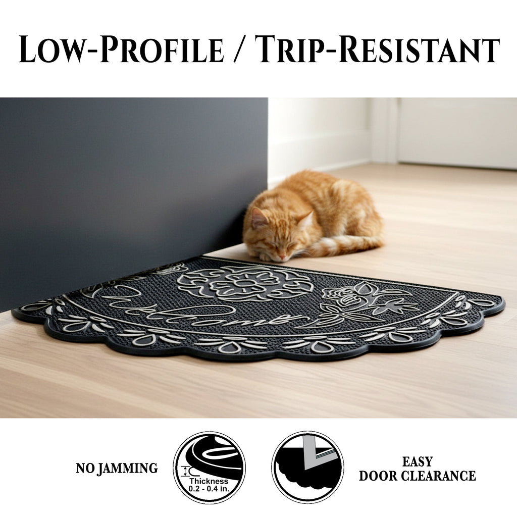 NICJAK Luxury Half-Moon Hand-Painted Silver Decorative Scrolled Rubber Welcome Mat – 16" x 28" Heavy-Duty All-Weather Outdoor Doormat