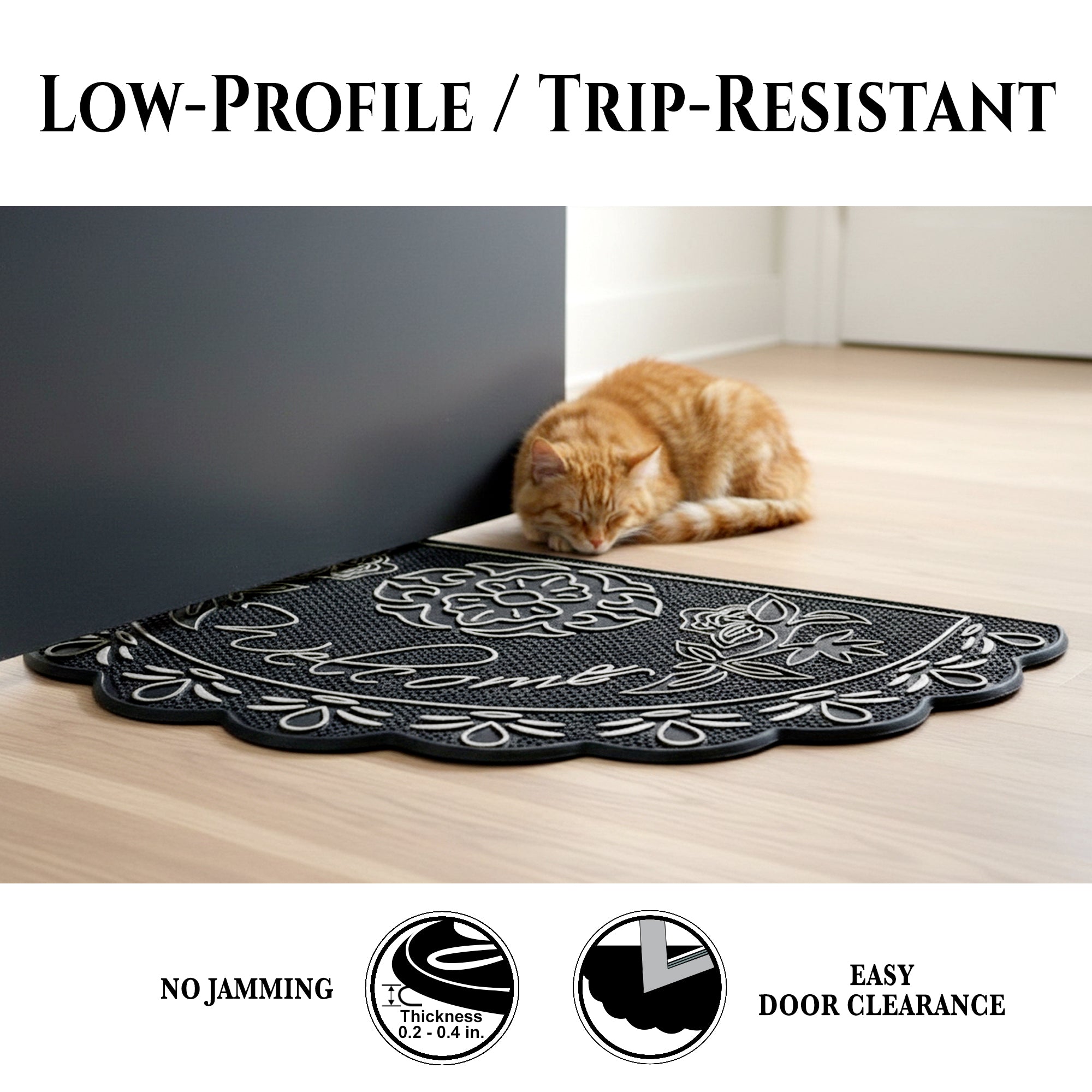 NICJAK Luxury Half-Moon Hand-Painted Silver Decorative Scrolled Rubber Welcome Mat – 16" x 28" Heavy-Duty All-Weather Outdoor Doormat